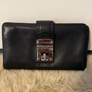 Michael Kors Black Leather long wallet with Silver Lock
